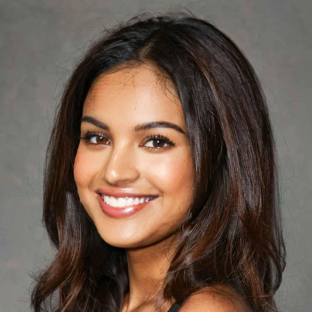 22 year old South Asian Latina woman with honey brown almond-shaped eyes, long dark lashes framing those eyes, and a warm inviting smile. Her wheatish skin has a slight dark brown undertone. Healthy neck-length straight brown hair. High cheekbones and a defined jawline frame her face, accentuated by soft studio lighting illuminating her face and shoulders. Her slim figure is curvaceous with a slight hourglass shape, emphasizing her natural beauty.