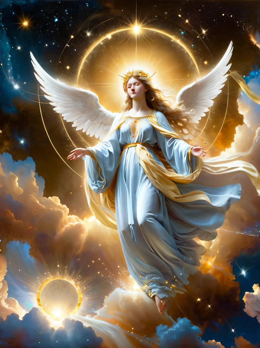 A celestial scene depicting a divine being known as an angel. The angel is characterized by its luminous appearance, white feathered wings extending grandly from its back, guided by purity and peace. It is dressed in an ethereal robe, carrying in its hands a golden harp as its celestial music permeates the heavenly atmosphere. Floating on a cloud with a radiant halo above its head, the angel's compassionate eyes are full of wisdom as it watches over the Earth beneath it.