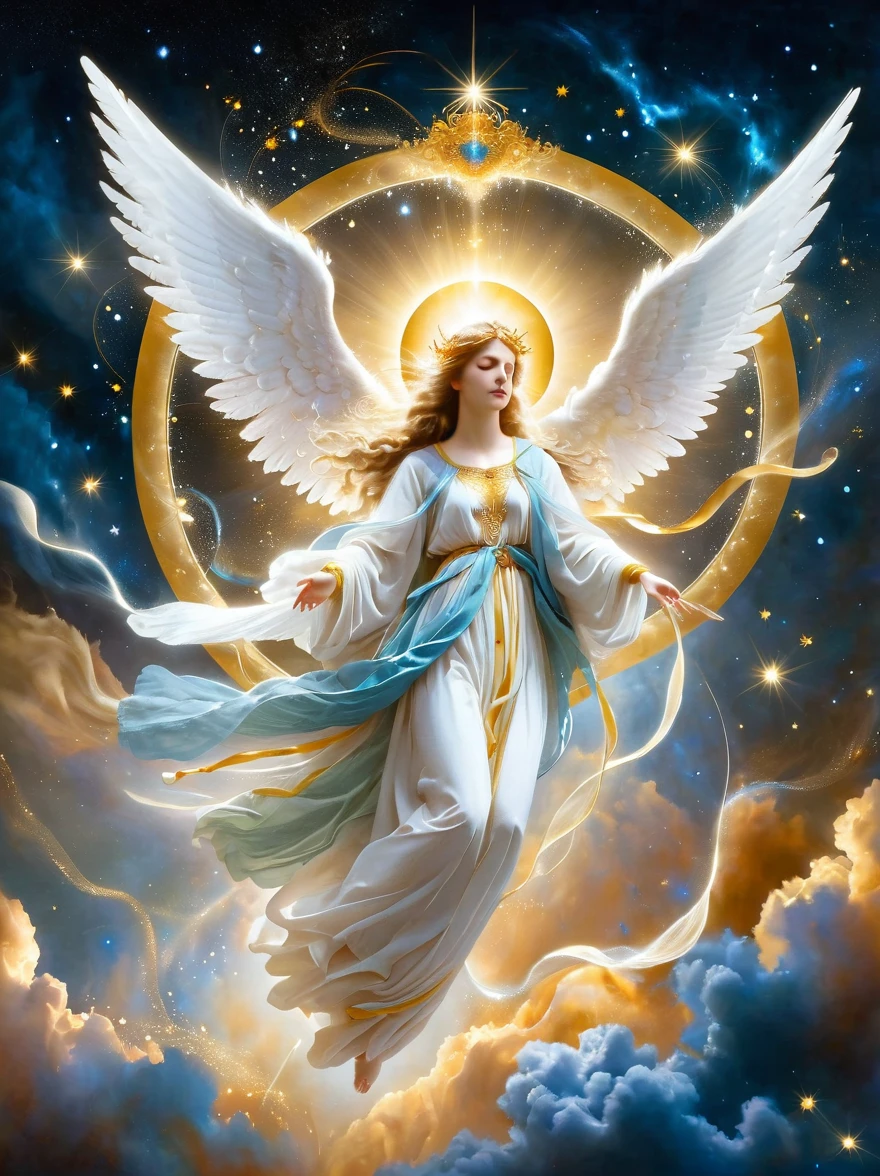 A celestial scene depicting a divine being known as an angel. The angel is characterized by its luminous appearance, white feathered wings extending grandly from its back, guided by purity and peace. It is dressed in an ethereal robe, carrying in its hands a golden harp as its celestial music permeates the heavenly atmosphere. Floating on a cloud with a radiant halo above its head, the angel's compassionate eyes are full of wisdom as it watches over the Earth beneath it.