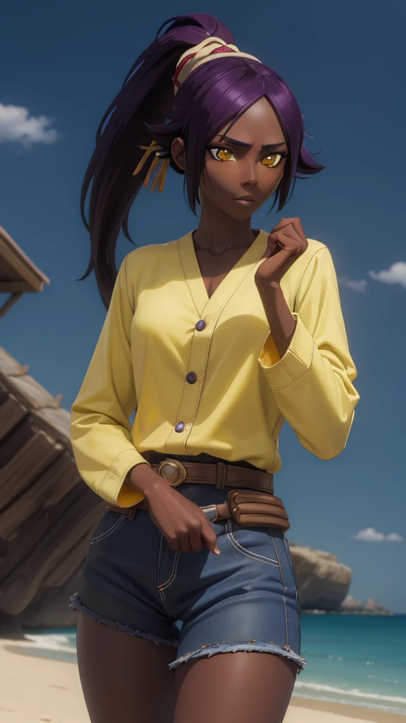 Naked, without clothes, yoruichishihouin, yoruichi shihouin, long hair, (yellow eyes:1.5), ponytail, purple hair, dark skin, dark-skinned female, long sleeves,
BREAK outdoors,
BREAK looking at viewer, (cowboy shot:1.5),
BREAK (masterpiece:1.2), best quality, high resolution, unity 8k wallpaper, (illustration:0.8), (beautiful detailed eyes:1.6), extremely detailed face, perfect lighting, extremely detailed CG, (perfect hands, perfect anatomy), day, beach, sun