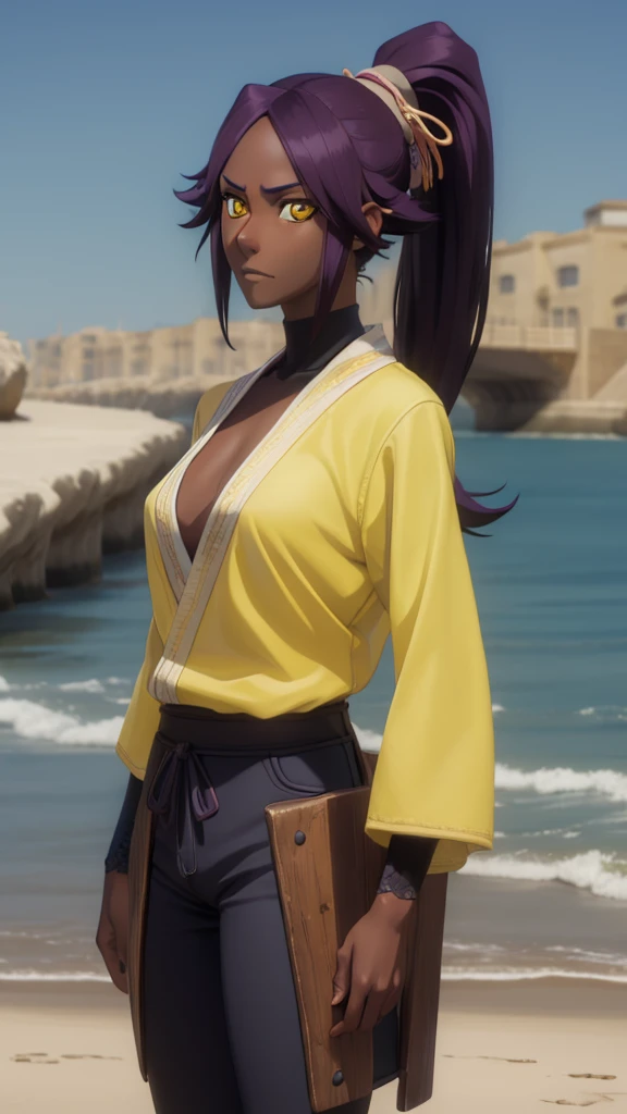 Naked, without clothes, yoruichishihouin, yoruichi shihouin, long hair, (yellow eyes:1.5), ponytail, purple hair, dark skin, dark-skinned female, long sleeves,
BREAK outdoors,
BREAK looking at viewer, (cowboy shot:1.5),
BREAK (masterpiece:1.2), best quality, high resolution, unity 8k wallpaper, (illustration:0.8), (beautiful detailed eyes:1.6), extremely detailed face, perfect lighting, extremely detailed CG, (perfect hands, perfect anatomy), day, beach, sun 