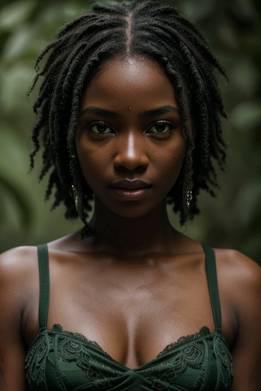 (8K, raw photo, Extremely high quality), Beautiful ebony girl, damp hair, olhos marejados, glad, close up, Long Green Dress, (detailedeyes:0.8), (looking at the camera:1.4), (Extremely high quality), (best shade), details Intricate, hinterland, dark studio, Muted colours, (Contraste To8Style), fond vert studio