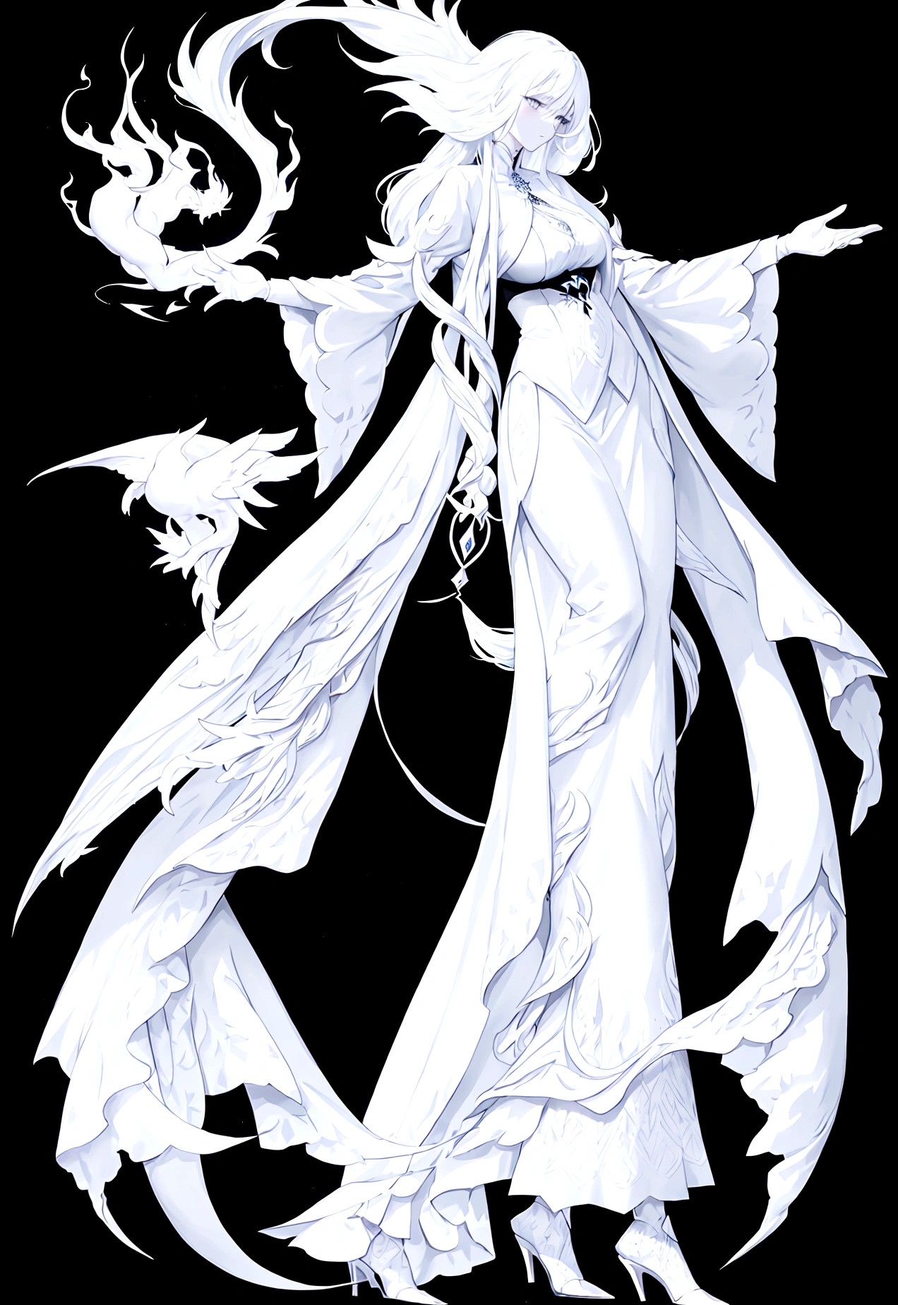 Character (adult woman) (white long hair) (white witch-style clothing) (character dynamic pose) (full body) (black background)