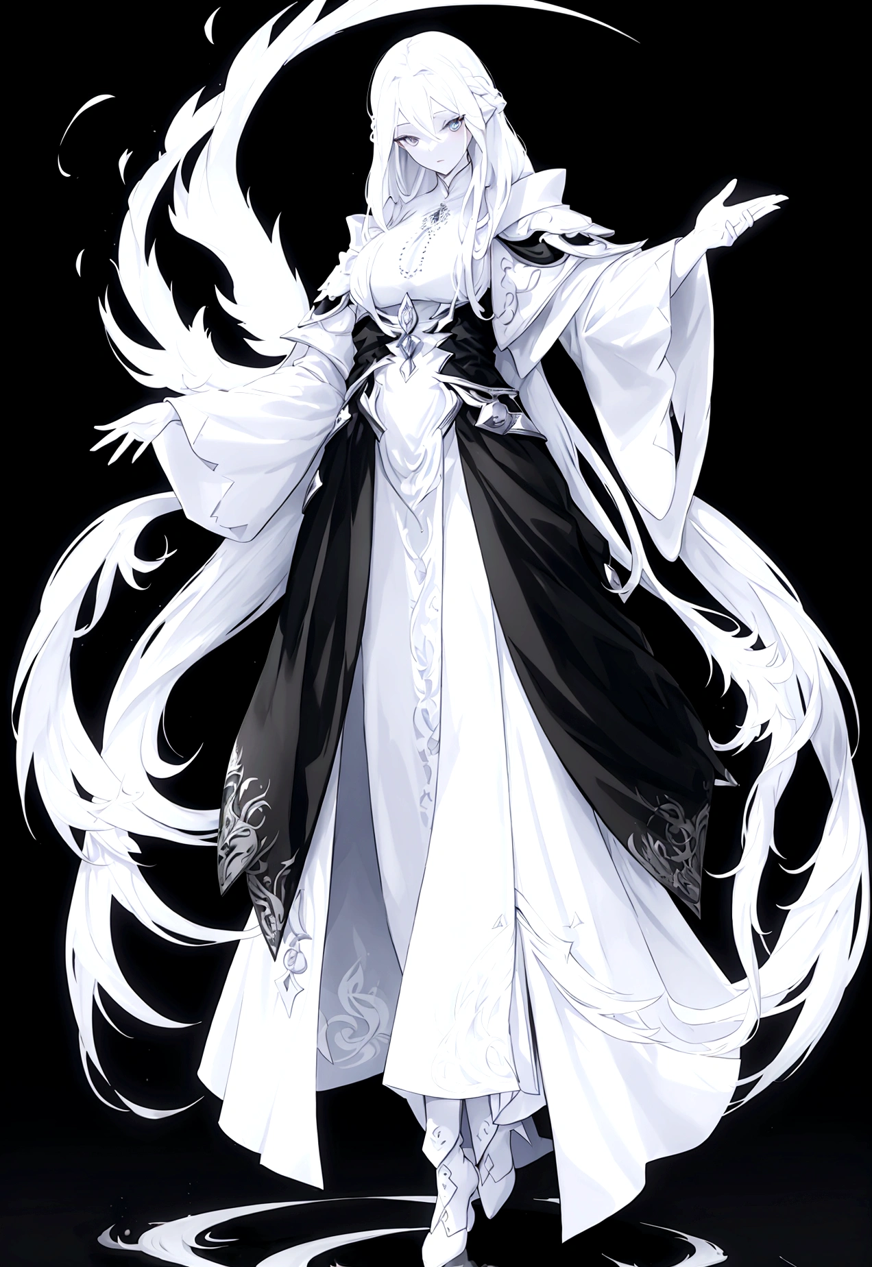 Character (adult woman) (white long hair) (white witch-style clothing) (character dynamic pose) (full body) (black background)