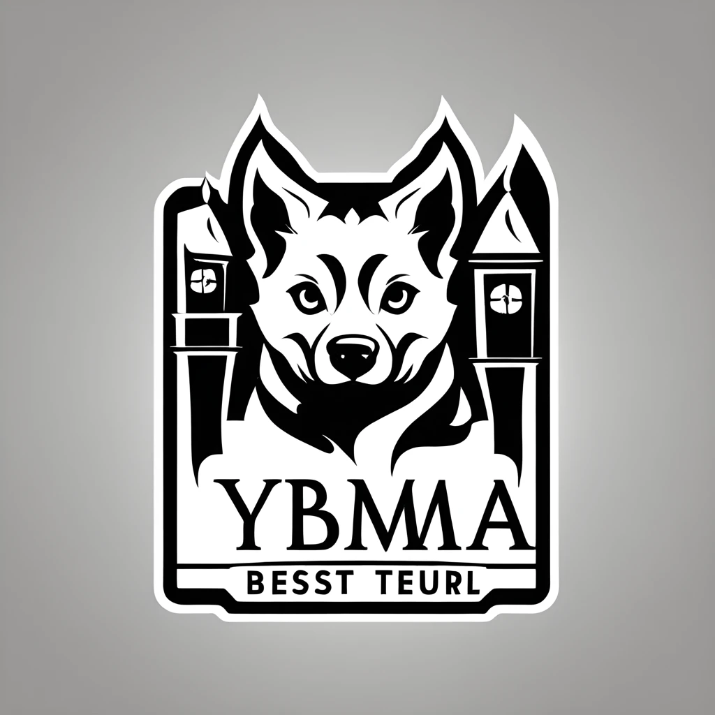 logomkrdsxl, a very cool looking logo , A logo for a dog hotel, (white dog, black ear, dark ear:1.5), vector, text "Y Bnma", best quality, masterpiece, sharp
