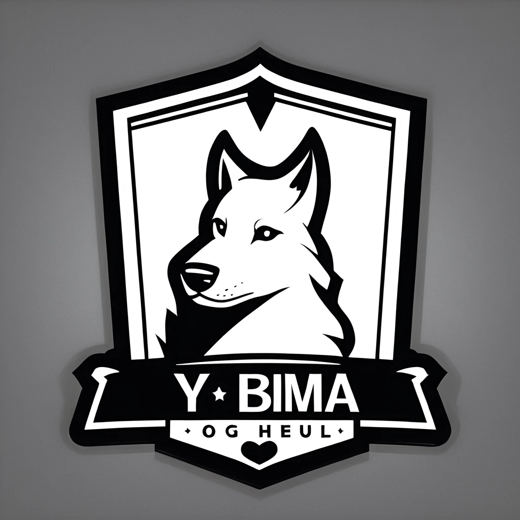 logomkrdsxl, a very cool looking logo , A logo for a dog hotel, (white dog, black ear, dark ear:1.5), vector, text "Y Bnma", best quality, masterpiece, sharp