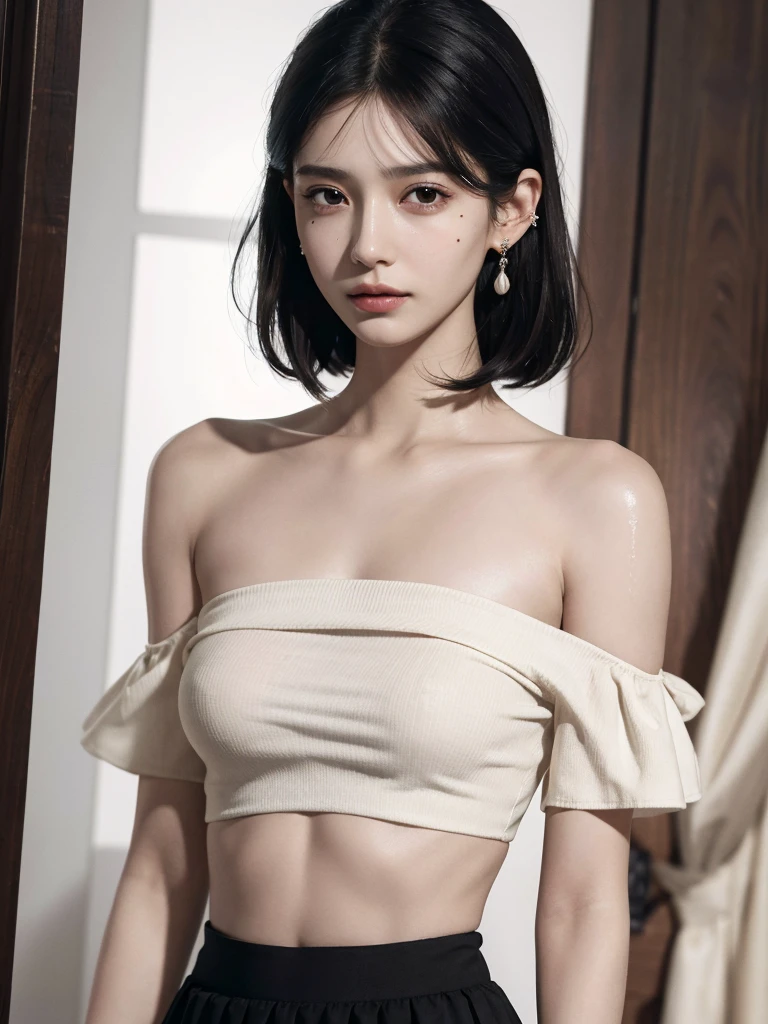 absurdres, RAW photo, extremely delicate and beautiful, masterpiece, Best Quality, ultra high resolution, 32k, hyperrealistic, ultra-detailed, in her 20s, delicate facial features, tearful mole, earring, medium breasts, full body shot, shorter middle hair, black hair, shirt, bare shoulder, midriff, skirt,
