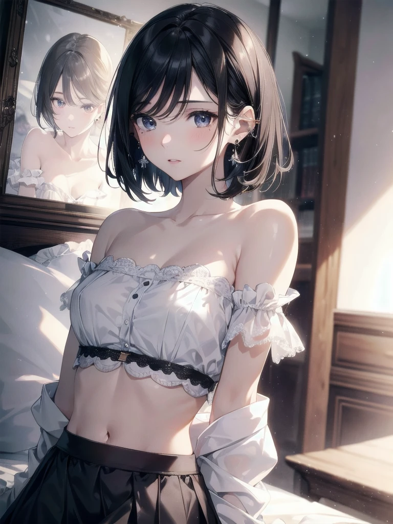 absurdres, RAW photo, extremely delicate and beautiful, masterpiece, Best Quality, ultra high resolution, 32k, hyperrealistic, ultra-detailed, in her 20s, delicate facial features, tearful mole, earring, medium breasts, full body shot, shorter middle hair, black hair, shirt, bare shoulder, midriff, skirt,