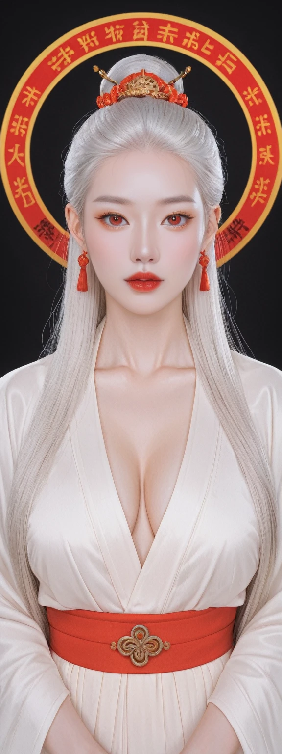 score_9, score_8_up, score_7_up, BREAK,
Hyperrealistic photograph,A mature female figure is depicted with a perfect physique. Her white hair and red eyes give her a striking and otherworldly appearance, reminiscent of a Chinese deity. She gazes directly at the viewer, her posture confident and her pose alluring, exuding a sense of confidence and grace.
Her face is clean and beautiful, with a pure expression and pale skin. Her absurdly long hair cascades down her back, adding to her ethereal beauty. Her narrow waist accentuates her hourglass figure, and her attire includes an extremely detailed 8K Chinese long embroidery silk robe and silk long clothes, each piece rich in detail and intricacy.
The background is clean and simple, with no distractions, allowing the viewer to focus solely on the character. This artwork is a perfect blend of beauty, grace, and cultural richness, showcasing the artist's skill in creating a visually stunning and captivating character.


