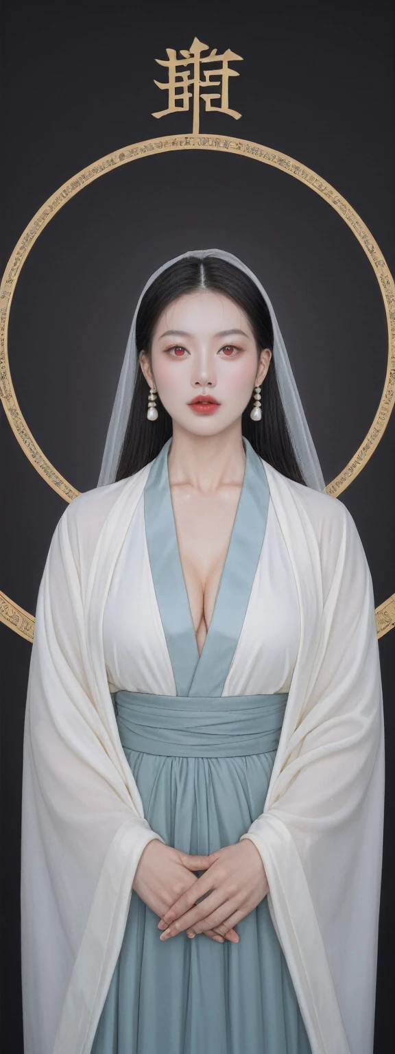 score_9, score_8_up, score_7_up, BREAK,
Hyperrealistic photograph,A mature female figure is depicted with a perfect physique. Her white hair and red eyes give her a striking and otherworldly appearance, reminiscent of a Chinese deity. She gazes directly at the viewer, her posture confident and her pose alluring, exuding a sense of confidence and grace.
Her face is clean and beautiful, with a pure expression and pale skin. Her absurdly long hair cascades down her back, adding to her ethereal beauty. Her narrow waist accentuates her hourglass figure, and her attire includes an extremely detailed 8K Chinese long embroidery silk robe and silk long clothes, each piece rich in detail and intricacy.
The background is clean and simple, with no distractions, allowing the viewer to focus solely on the character. This artwork is a perfect blend of beauty, grace, and cultural richness, showcasing the artist's skill in creating a visually stunning and captivating character.