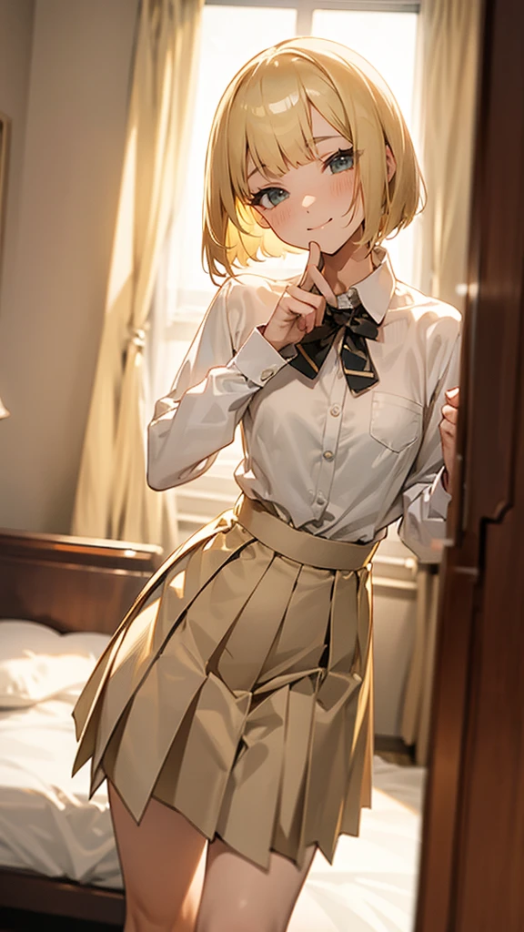 Best quality,fine quality products,detailed,gayaru,slim,blonde bobcut hair,very small breasts,shirt,pleated skirt,happy,in my room