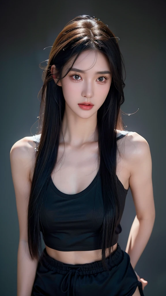 Quiet，Light makeup，Sexy，Peerless Beauty，Intellectual，clavicle，Neat long hair，Black Hair，Delicate face，Exquisite facial features，Natural expression，Natural eyes，sexy blue sports shorts