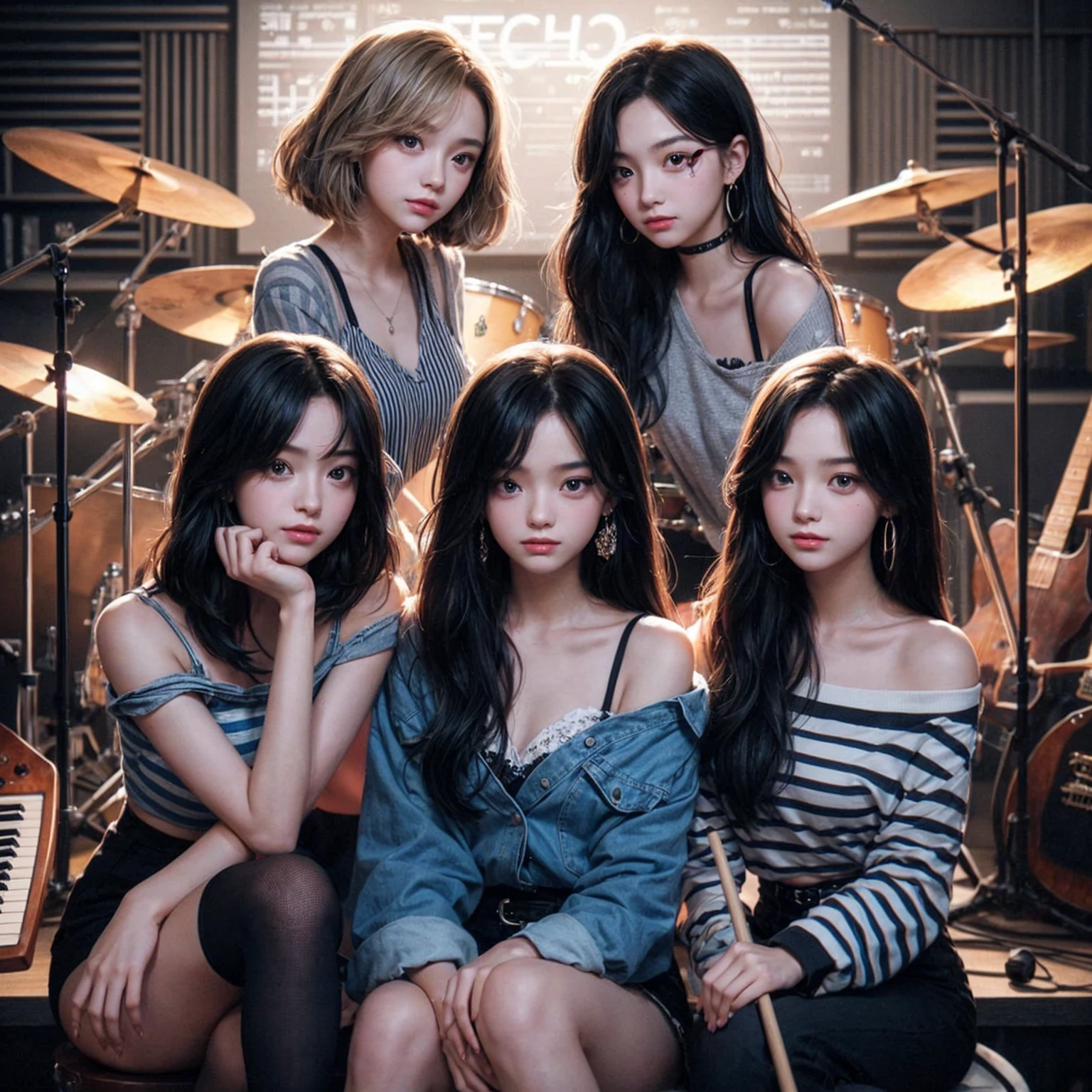 **Photo of 5 beautiful girls, aged 18 to 20, sitting:**
- **3 girls with messy black hair**
- **1 girl with wavy bob black hair**
- **1 girl with a black ponytail**
One girl is playing the drums, one girl is playing the piano, one girl is playing the bass guitar, one girl is playing the guitar, and one girl is singing. They are sitting behind a board with the word "ECHO" written on it. The background is a music studio, complete with drums, guitars, bass guitar, and piano. The image is ultra HD, 4k, photorealistic, raw, and a masterpiece.