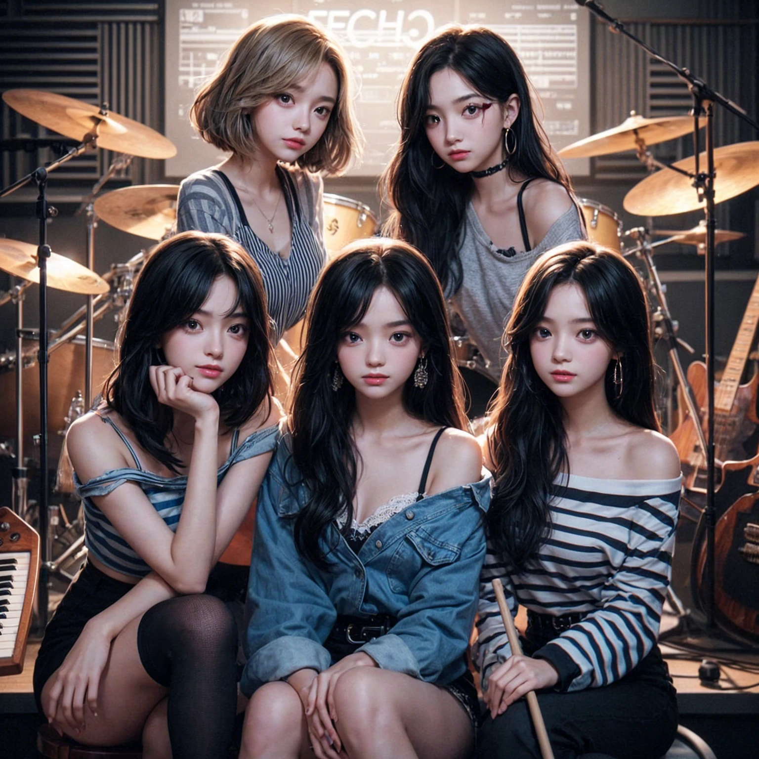**Photo of 5 beautiful girls, aged 18 to 20, sitting:**
- **3 girls with messy black hair**
- **1 girl with wavy bob black hair**
- **1 girl with a black ponytail**
One girl is playing the drums, one girl is playing the piano, one girl is playing the bass guitar, one girl is playing the guitar, and one girl is singing. They are sitting behind a board with the word "ECHO" written on it. The background is a music studio, complete with drums, guitars, bass guitar, and piano. The image is ultra HD, 4k, photorealistic, raw, and a masterpiece.