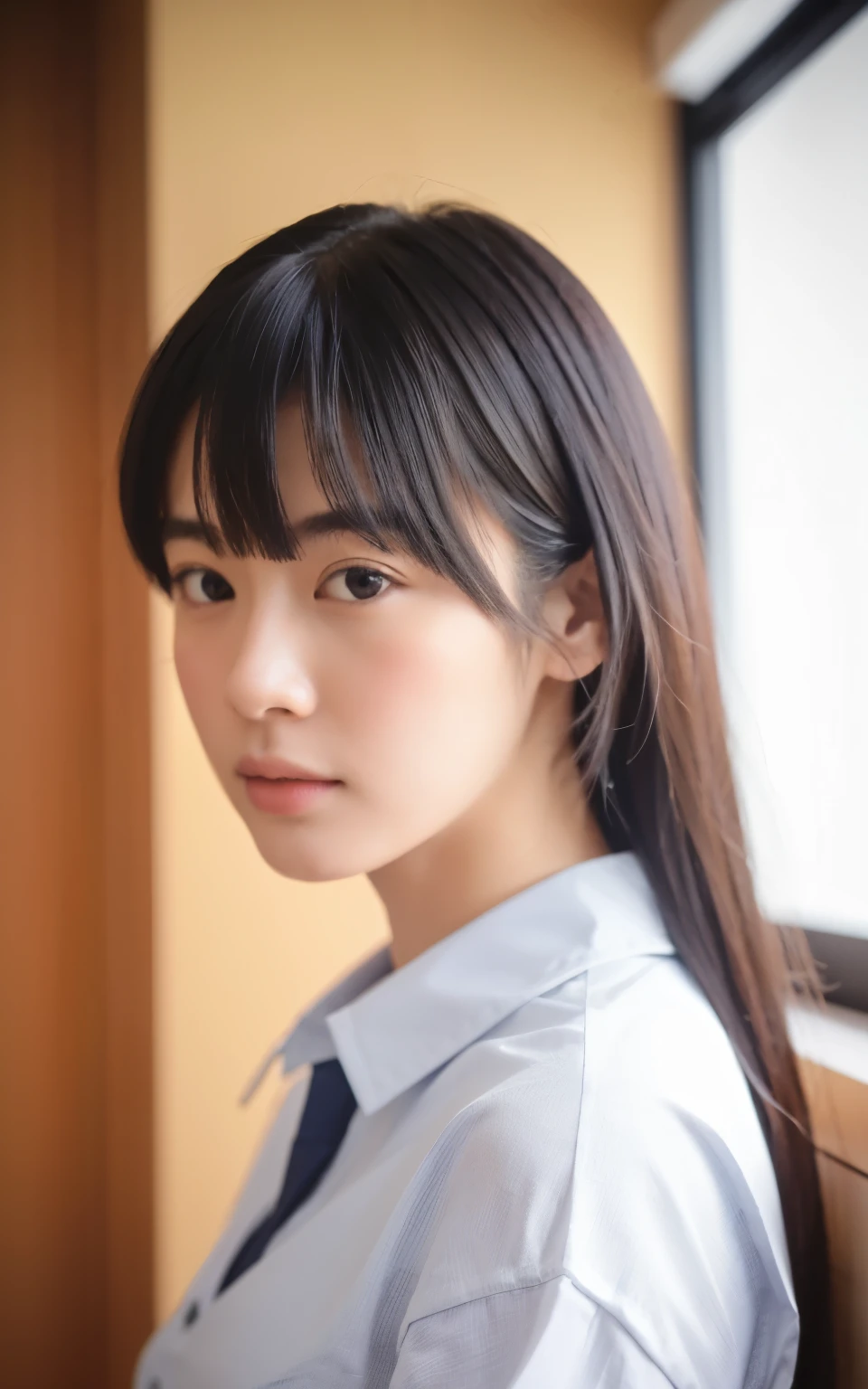 (masterpiece, Highest quality, RAW Photos, Realistic:1.2), One girl, avert your eyes, sad, beautiful girl, cute, Delicate girl, Put your hair up, Depth of written border, High resolution, 非常にdetailedな, detailed, 非常にdetailedな目と顔, Realistic students, Sharp focus, Cinema Lighting, Upper Body, bangs, Silk shirt,