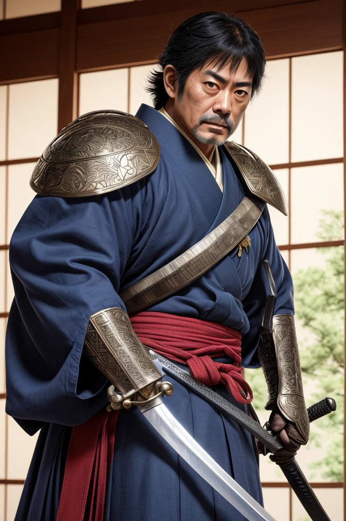 Highest quality，High resolution，((Junichi Okada)) ，（Kuroda Kanbei），Kenshiro，Fist of the North Star，samurai，One person，armor，（dark blue_coat），male，One personで，Middle Age，（face_Wrinkles），Swordsman，strongest，Anime Style，(Limbs)，(Full Finger)，(Accurate fingertips), (The finer details), (Super detailed)，(Japanese sword:)，4K，(high resolution)，whole body, (Front angle), Looking at the camera,masterpiece，(Subtle details)，(Intricate details)，Octane Rendering，(Hyper Detail)，