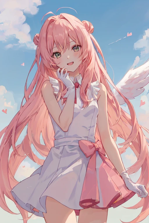 1_girl, (anime, kawai:2), (masterpeice, best_quality, clean:1.5), (sky_background:1.2), (cute, cute_smile, young:1.5), (delicate, beautiful, thin:1.5), (girlfriend, angel:1.8), (green_eyes, simple_eyes:1.5) (long_hair, blond_hair, wearing_pink_dress, pink_angel_wings, sexy_gloves:1.5), extremely_delicate, (love_magic:1.5), (age_size_fits_body), (small_thighs:1.3), (breasts), (eye_level:1.3), (heart_magic, love:1.5)