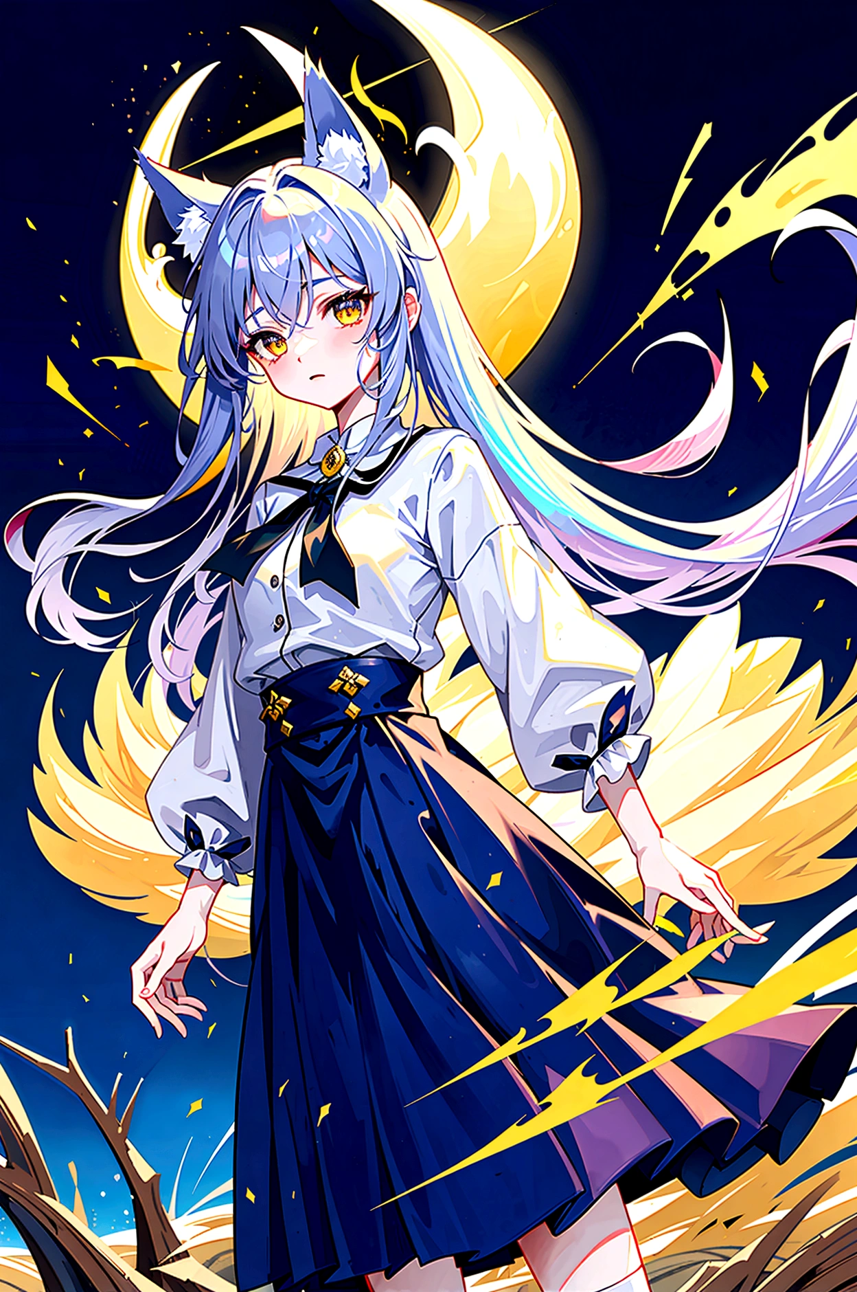 fox Light blue hair 　beast girl　indigo fur　fox beast girl　Sesshomaru, Yellow eyes, Anime, Perfect face, Perfect Lighting, Outdoors, Warm colors, Dark purple sky, Autumn sunset,  \(inuyasha\), Bearing Claw, Ready to fight　wave, koi fish, anime artstyle, wide view, fluffy. yellow  fox, marking under the eyes, crystal antler ,violet eyes, wearing bandanna, flower petals, Ambient light，Ultra-fine fur，volumettic light，natural  lightting，fox tail，nevando，35mm。High quality, high detal, Best quality, hyper HD，individual，Single