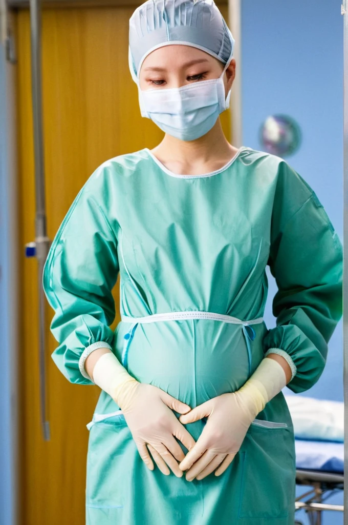 score_9,  score_8_up, score_7_up, masterpiece, highest quality, kasuganoray, pale skin, shy eyes, cover the ears, big breasts, surgical mask, surgical cap, long sleeve maternity dress, seamless, shirt without laces, 
1 girl, pregnant, solo, rubber gloves, frown,  standing, in one hospital, hospital bed, 