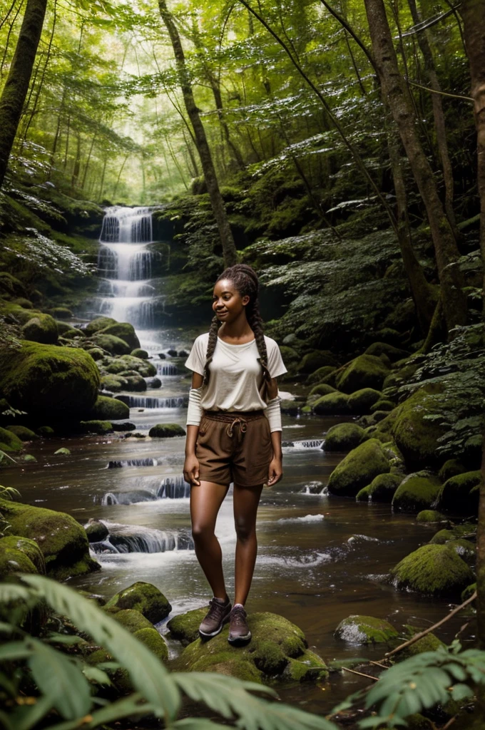 The atmosphere of the dense forest is filled with thick foliage, and a nearby waterfall adds to its natural beauty. In the picture, a beautiful woman of European and African descent sports black and brown braids, highlighting her unique personality. She is dressed appropriately for hiking, perhaps in earthy-toned clothing that blends seamlessly with the environment, such as brown shorts. The character stands sideways, facing the camera with a happy or serene expression, blending harmoniously with the tranquil mood of the forest. The background is beautifully illuminated by sunlight filtering through the trees, creating depth and dimension. The composition is slightly low-angled, emphasizing the character and possibly capturing her pose within the landscape.