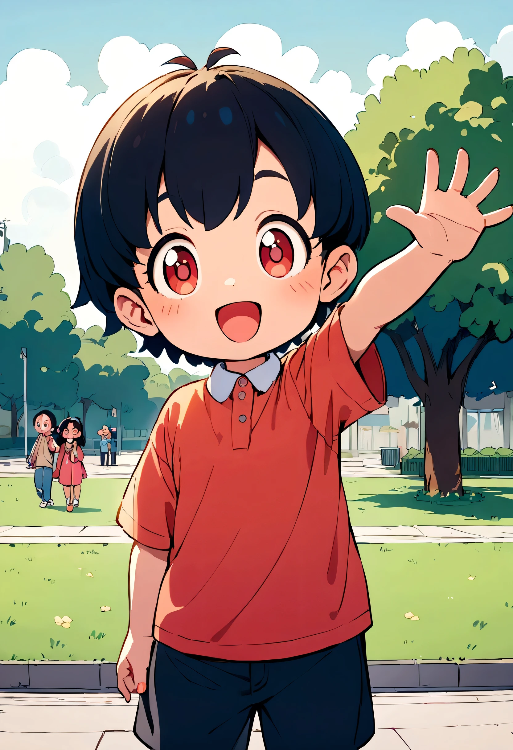 Cartoon children waving at the camera standing in front of a park