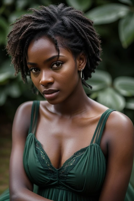 (8K, raw photo, Extremely high quality), Beautiful ebony girl, damp hair, olhos marejados, glad, close up, Long Green Dress, (detailedeyes:0.8), (looking at the camera:1.4), (Extremely high quality), (best shade), details Intricate, hinterland, dark studio, Muted colours, (Contraste To8Style), fond vert studio