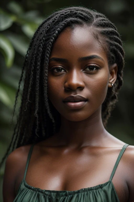 (8K, raw photo, Extremely high quality), Beautiful ebony girl, damp hair, olhos marejados, glad, close up, Long Green Dress, (detailedeyes:0.8), (looking at the camera:1.4), (Extremely high quality), (best shade), details Intricate, hinterland, dark studio, Muted colours, (Contraste To8Style), fond vert studio