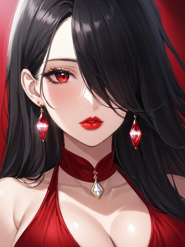 1girl in, solo, Jewelry, Black hair, Necklace, Red lips, Long hair, lip stick, makeup, Upper body, Closed mouth, Red dress, Hair over one eye, clavicle, Dress,Red Theme,bad-girl, big breasts,Shiny skin,(maturefemale), drop dangle earrings , biting lips