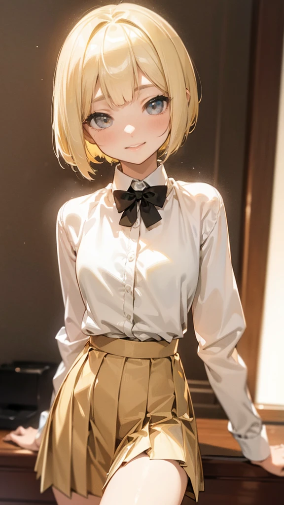 Best quality,fine quality products,detailed,gayaru,slim,blonde bobcut hair,very small breasts,shirt,pleated skirt,looking happy