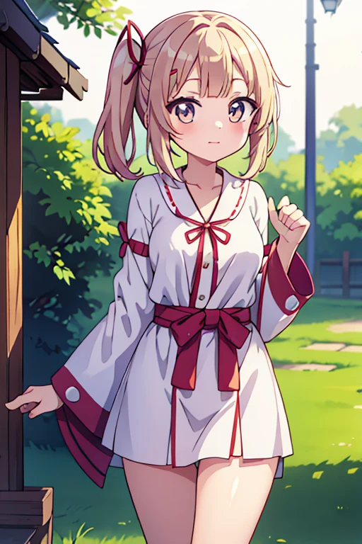 Cute naughty shrine maiden, Pastel colors hair, medium breasts, Thighs, short hair, (beige hair, parchment hair), (naked:1.3), (forehead:1.2, bangs pinned back, asymmetrical bangs, hairclip, side ponytail:1,2), standard height, (light smile, Large eyes, yuruyuri)