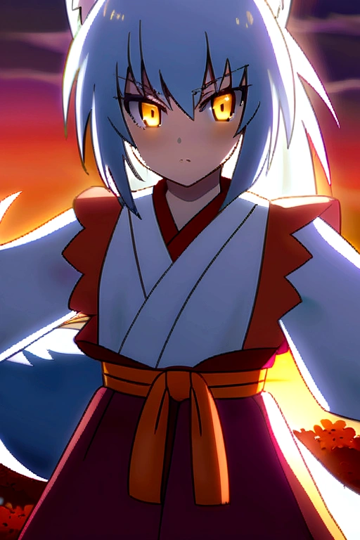 fox Light blue hair beast girl indigo fur fox beast girl Sesshomaru, Yellow eyes, Anime, Perfect face, Perfect Lighting, Outdoors, Warm colors, Dark purple sky, Autumn sunset, \(inuyasha\), Bearing Claw, Ready to fight