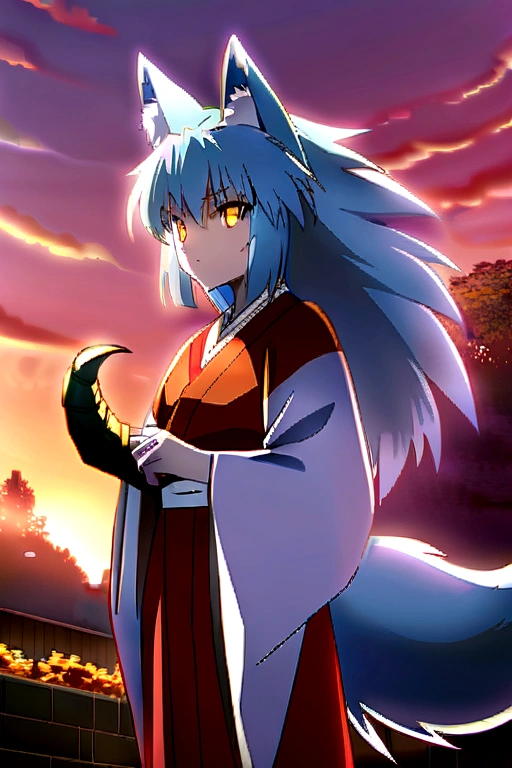 fox Light blue hair beast girl indigo fur fox beast girl Sesshomaru, Yellow eyes, Anime, Perfect face, Perfect Lighting, Outdoors, Warm colors, Dark purple sky, Autumn sunset, \(inuyasha\), Bearing Claw, Ready to fight