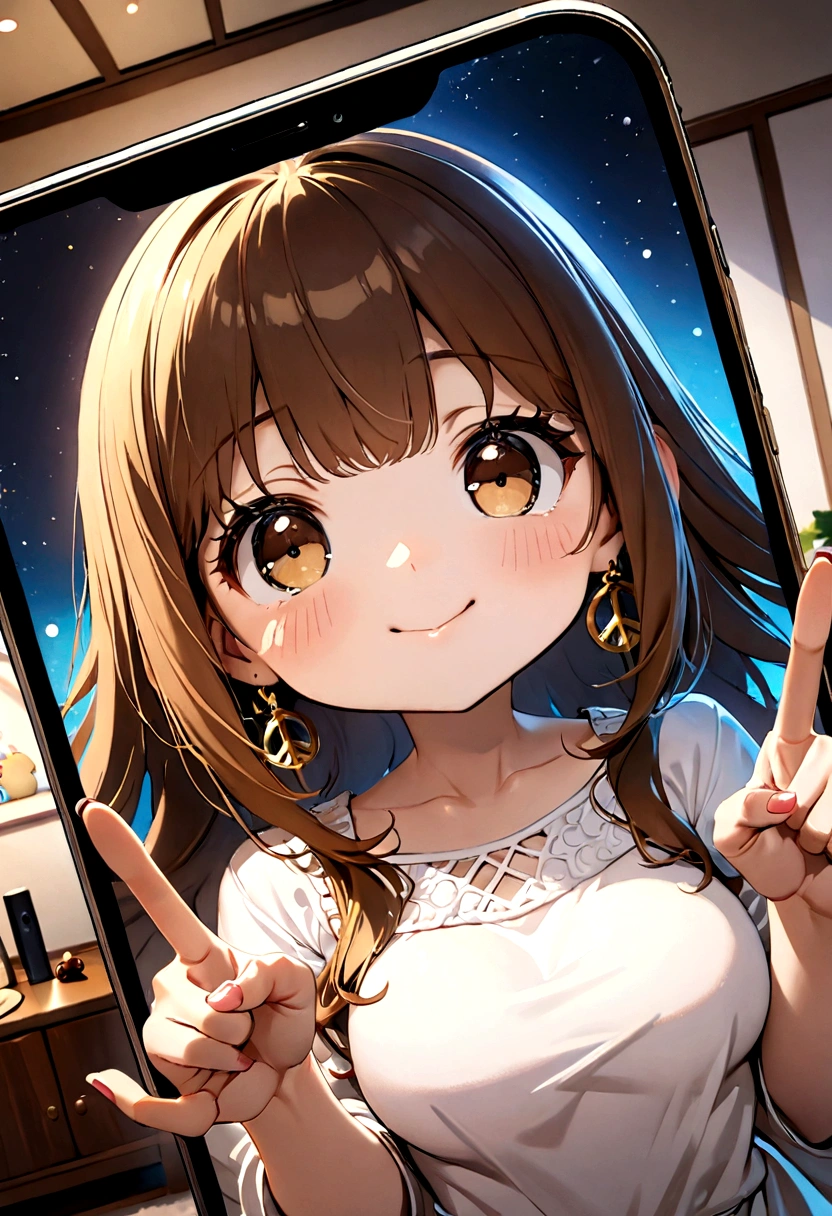 ((1girl)), super fine illustration, vibrant colors, absurdres extremely detailed CG, 8k wallpaper, (masterpiece:1.3), dynamic angle, dynamic pose,
best quality, depth of field, cinematic lighting, ultra detailed, brown long hair, very straight hair, large breast, white knit dress , 20yo, cute, very baby face, brown eyes, kawaii, smile, droopy eyes, arms at sides, smartphone, modern living room, peace fingers, Hold your smartphone in your hand、The screen is facing you