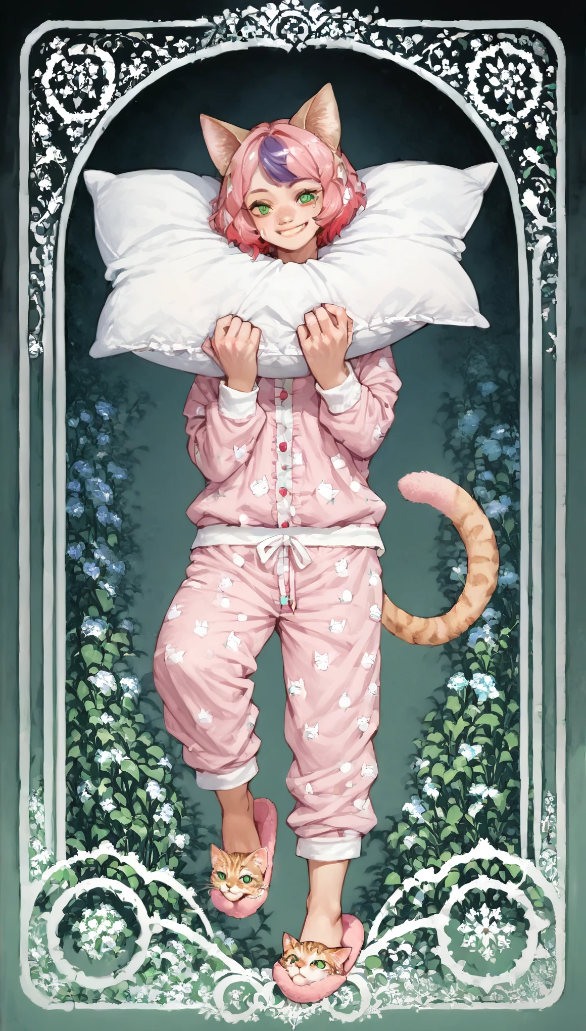 score_9, score_8_up, score_7_up, score_6_up, score_5_up, score_4_up, 
female, (cat:1.2), animal ears, animal tail, (holding in hands (slipping pillow)), jewelery, short hair, colored_skin, colored_skinned_female, float in air, ((multicolored hair, [green, purple, pink:0.33] hair)), bright green eyes, eyelashes, frills, ((The Cheshire cat)), wide smile, (wearing pajamas, sweatpants, soft slippers),
Full body standing painting, (((solo))), Simple line design, ((tarot card background, symmetric beauty)), perfectly symmetrical, The art of symmetry, floating drawings of characters, ((flatcolors)), tmasterpiecetop Qualities qualtiy
