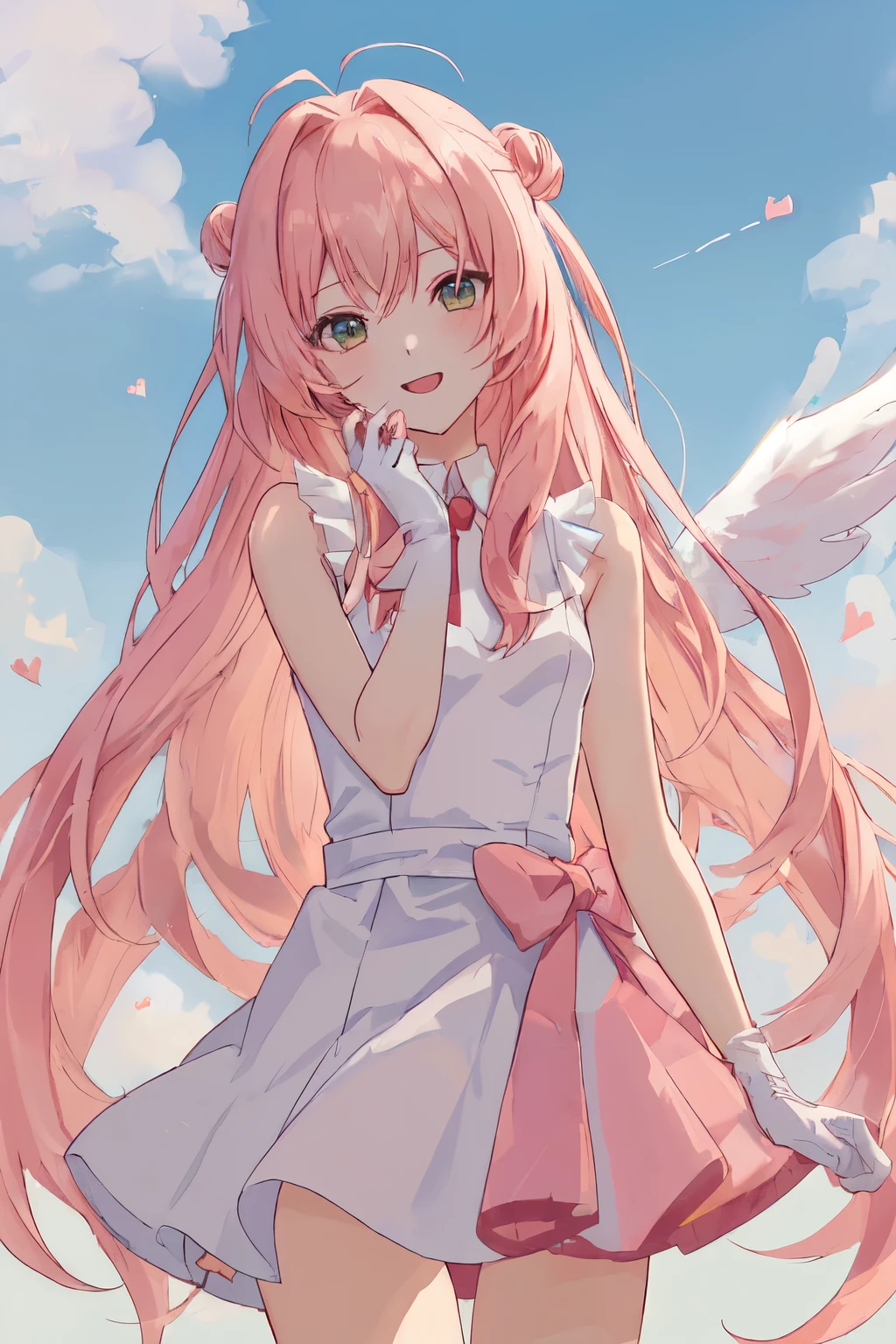 1_girl, (anime, kawai:2), (masterpeice, best_quality, clean:1.5), (sky_background:1.2), (cute, cute_smile, young:1.5), (delicate, beautiful, thin:1.5), (girlfriend, angel:1.8), (green_eyes, simple_eyes:1.5) (long_hair, blond_hair, wearing_pink_dress, pink_angel_wings, sexy_gloves:1.5), extremely_delicate, (love_magic:1.5), (age_size_fits_body), (small_thighs:1.3), (breasts), (eye_level:1.3), (heart_magic, love:1.5)