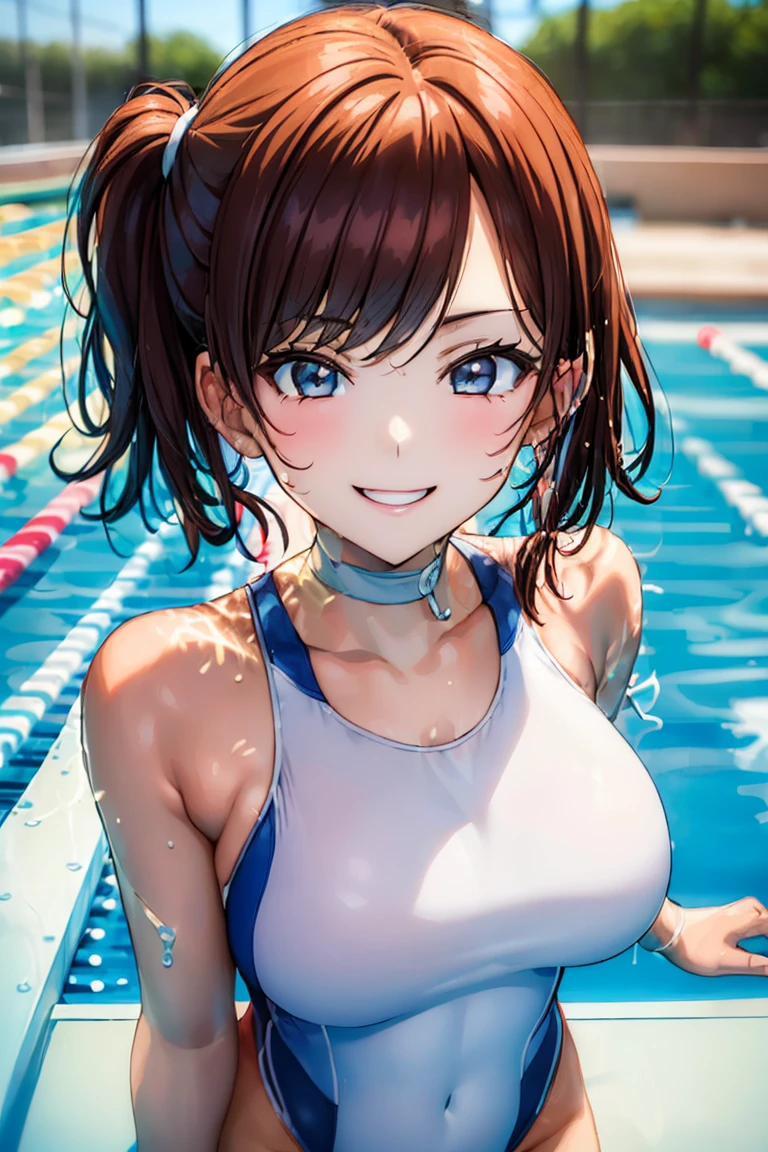 (((Competition diving board:1.3))),(((Sports towel))), (((Competitive Pool 1.3))),((Competitive swimming suits:1.7)),(((White one piece swimsuit))),Expressing happiness with a smile,Cute face,Extreme close up of face,Shiny light brown and orange striped short hair,Perfect round face,iris,(hairpin、Floating Hair、),Big Breasts.Professional Lighting,Cinematic Light,(Tabletop,Highest quality,Ultra-high resolution output images,) ,(8K quality),(Picture Mode Ultra HD),