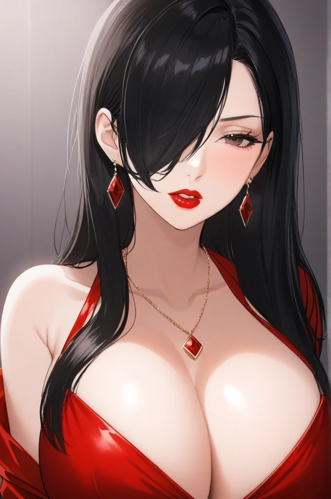 1girl in, solo, Jewelry, Black hair, Necklace, Red lips, Long hair, lip stick, makeup, Upper body, Closed mouth, Red dress, Hair over one eye, clavicle, Dress,Red Theme,bad-girl, big breasts,Shiny skin,(maturefemale), drop dangle earrings , biting lips 