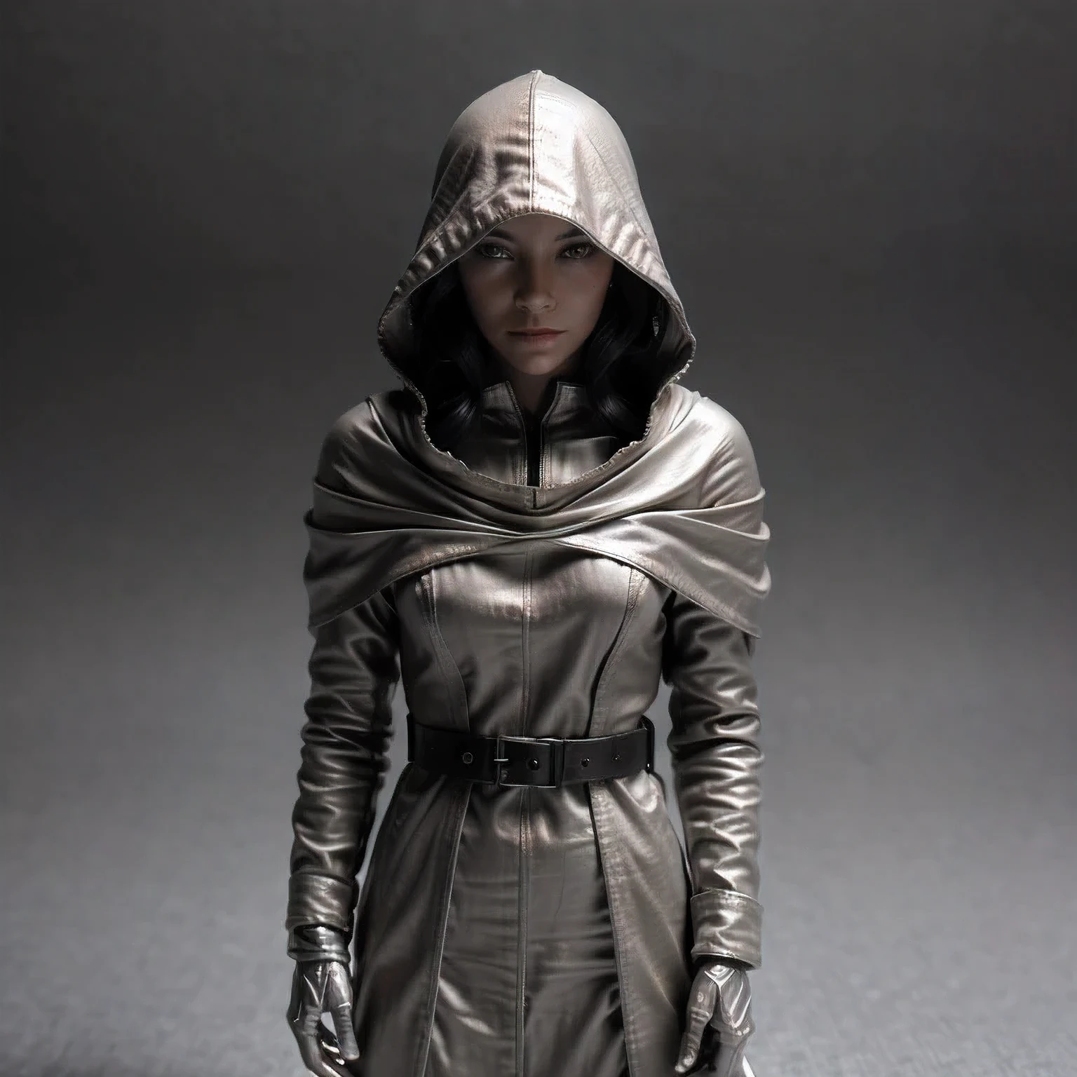 Coarse linen cloak rainbow hood platinum silk cyberpunk light crossbow space station 1:9 miniatures，Leather illustration，Side viewing angle，（（Angel））