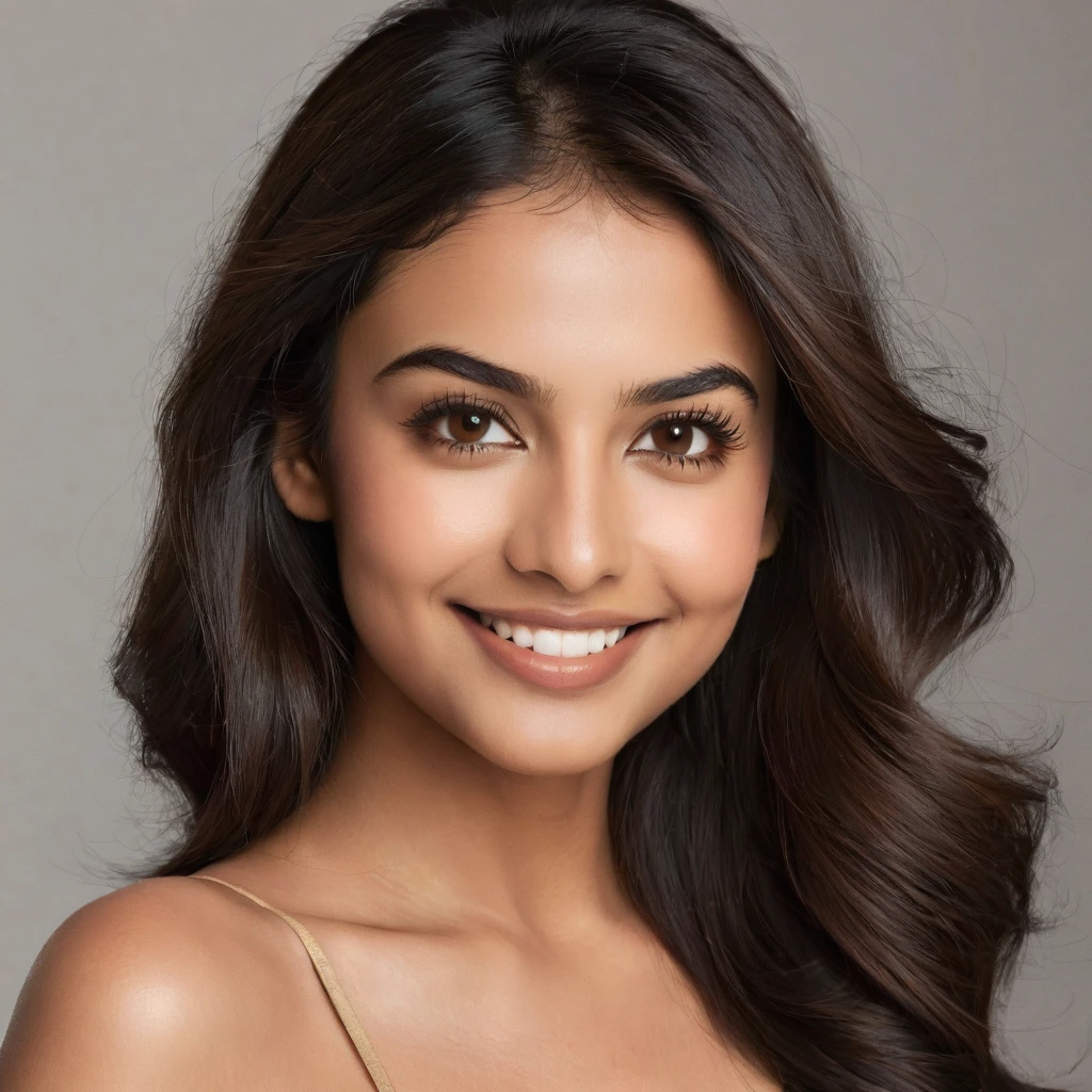 22 year old South Asian Latina woman with honey brown almond-shaped eyes, long dark lashes framing those eyes, and a warm inviting smile. Her wheatish skin has a slight dark brown undertone. Healthy neck-length straight brown hair. High cheekbones and a defined jawline frame her face, accentuated by soft studio lighting illuminating her face and shoulders. Her slim figure is curvaceous with a slight hourglass shape, emphasizing her natural beauty