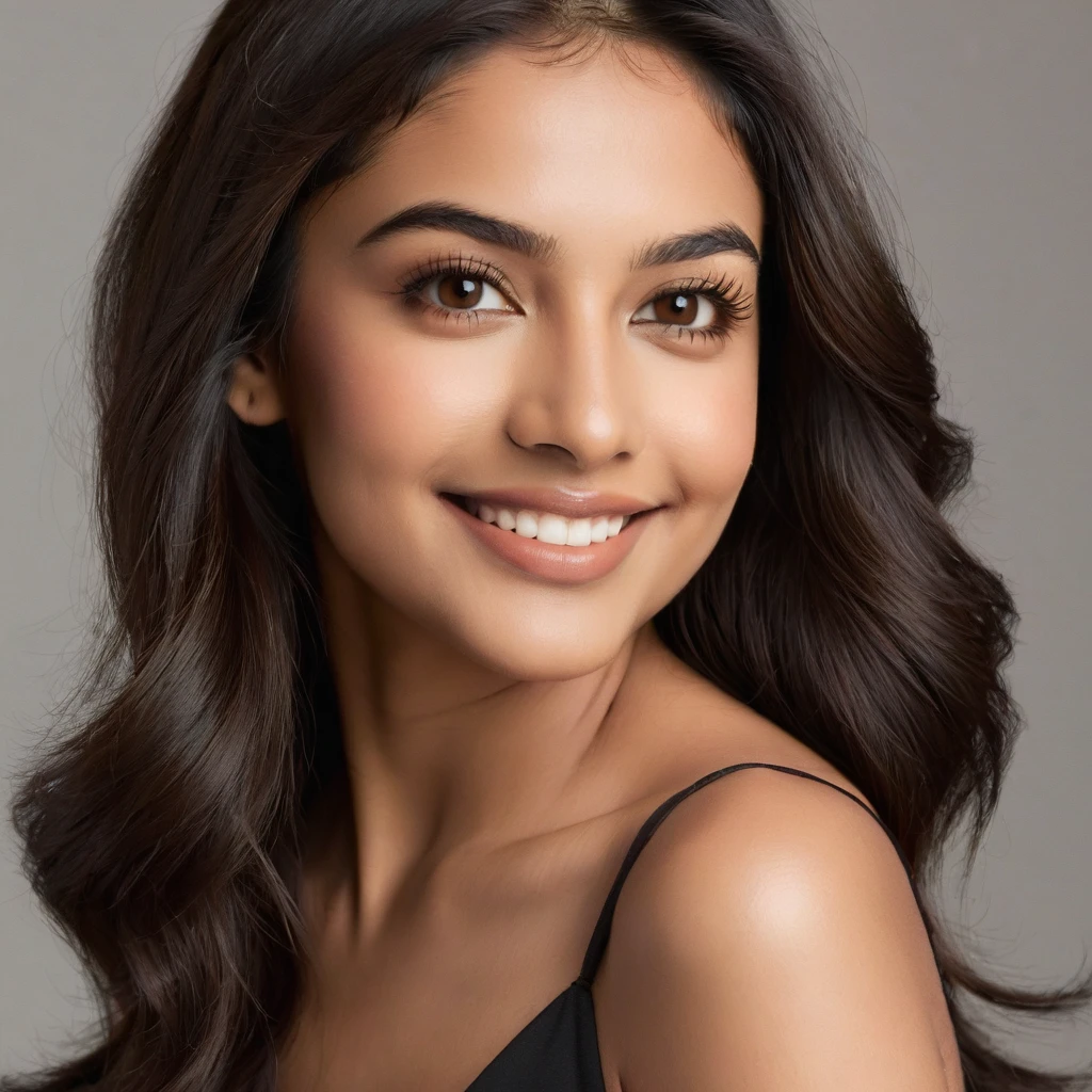 22 year old South Asian Latina woman with honey brown almond-shaped eyes, long dark lashes framing those eyes, and a warm inviting smile. Her wheatish skin has a slight dark brown undertone. Healthy neck-length straight brown hair. High cheekbones and a defined jawline frame her face, accentuated by soft studio lighting illuminating her face and shoulders. Her slim figure is curvaceous with a slight hourglass shape, emphasizing her natural beauty