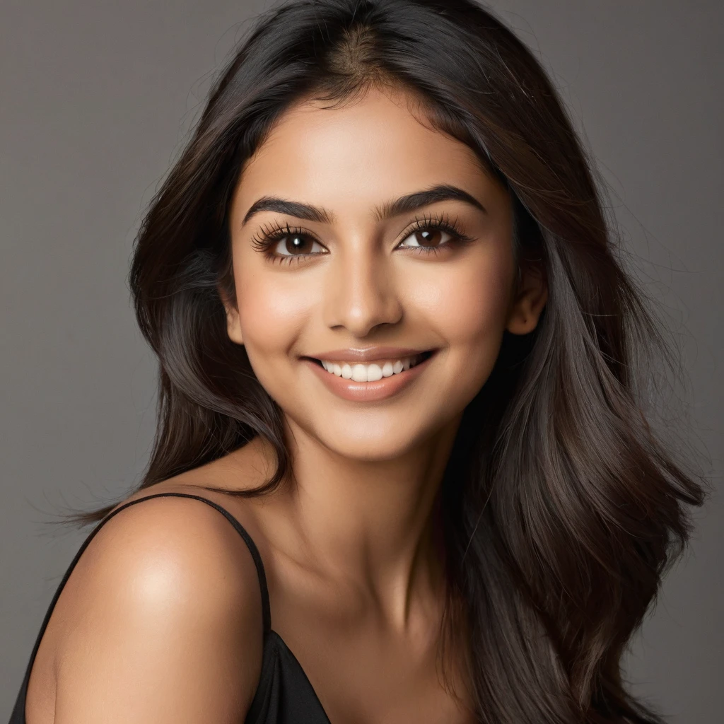 22 year old South Asian Latina woman with honey brown almond-shaped eyes, long dark lashes framing those eyes, and a warm inviting smile. Her wheatish skin has a slight dark brown undertone. Healthy neck-length straight brown hair. High cheekbones and a defined jawline frame her face, accentuated by soft studio lighting illuminating her face and shoulders. Her slim figure is curvaceous with a slight hourglass shape, emphasizing her natural beauty