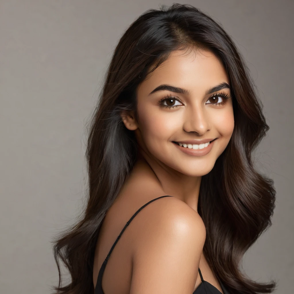 22 year old South Asian Latina woman with honey brown almond-shaped eyes, long dark lashes framing those eyes, and a warm inviting smile. Her wheatish skin has a slight dark brown undertone. Healthy neck-length straight brown hair. High cheekbones and a defined jawline frame her face, accentuated by soft studio lighting illuminating her face and shoulders. Her slim figure is curvaceous with a slight hourglass shape, emphasizing her natural beauty