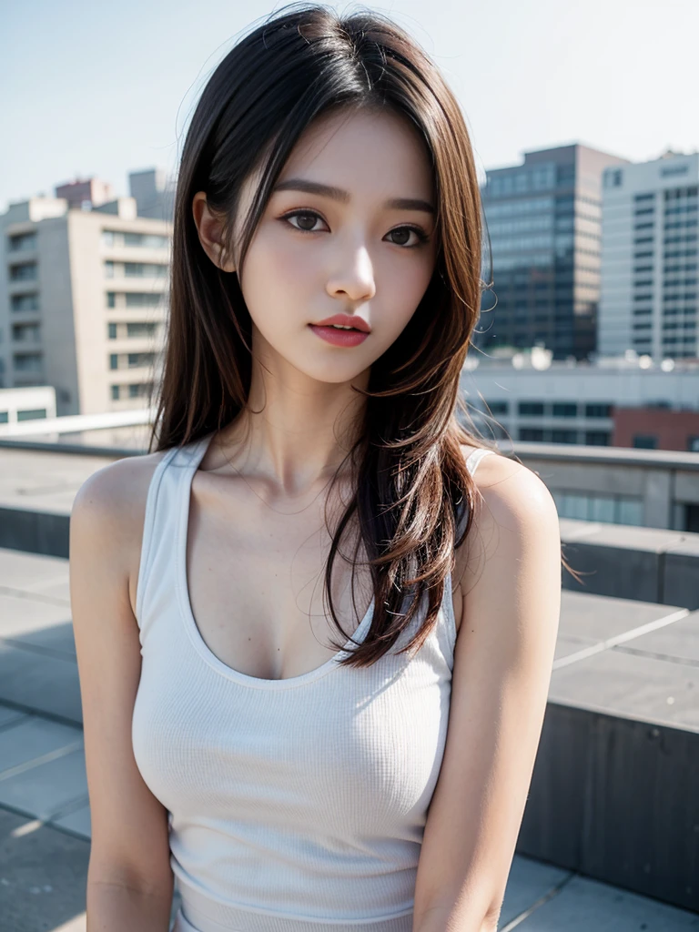 Realistic photos of 1 cute Korean actress, hair pulled back., White skin, thin makeup, Bust size 32 inches, Wearing orange tank top, on the rooftop, upper body portrait, Fujifilm, UHD