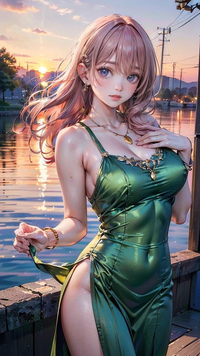 (Masterpiece, BestQuality:1.3), (ultra detailed:1.2), (hyperrealistic:1.3), (RAW photo:1.2), High detail RAW color photo, professional photograph, (Photorealistic:1.4), (realistic:1.4), (Pink Hair:1.5), professional lighting, perfect anatomy, (Big Breasts:1.2), (blush, detailed face), (A happy smile:1.7), Trending Hair&Trending Hairカラーをランダムに, earrings, necklace, bracelet, sexly, erotic sexly, Random sexy gravure poses, (Beautiful woman in a green satin dress、Lakeside sunset background、Sexy smile、Standing with her long hair fluttering in the wind、The hem of the dress is boldly pulled up。:1.3)