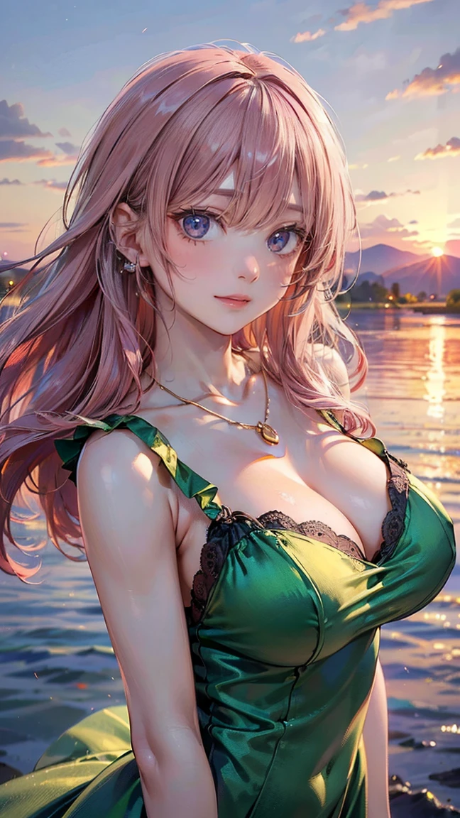 (Masterpiece, BestQuality:1.3), (ultra detailed:1.2), (hyperrealistic:1.3), (RAW photo:1.2), High detail RAW color photo, professional photograph, (Photorealistic:1.4), (realistic:1.4), (Pink Hair:1.5), professional lighting, perfect anatomy, (Big Breasts:1.2), (blush, detailed face), (A happy smile:1.7), Trending Hair&Trending Hairカラーをランダムに, earrings, necklace, bracelet, sexly, erotic sexly, Random sexy gravure poses, (Beautiful woman in a green satin dress、Lakeside sunset background、Sexy smile、Standing with her long hair fluttering in the wind、The hem of the dress is boldly pulled up。:1.3)