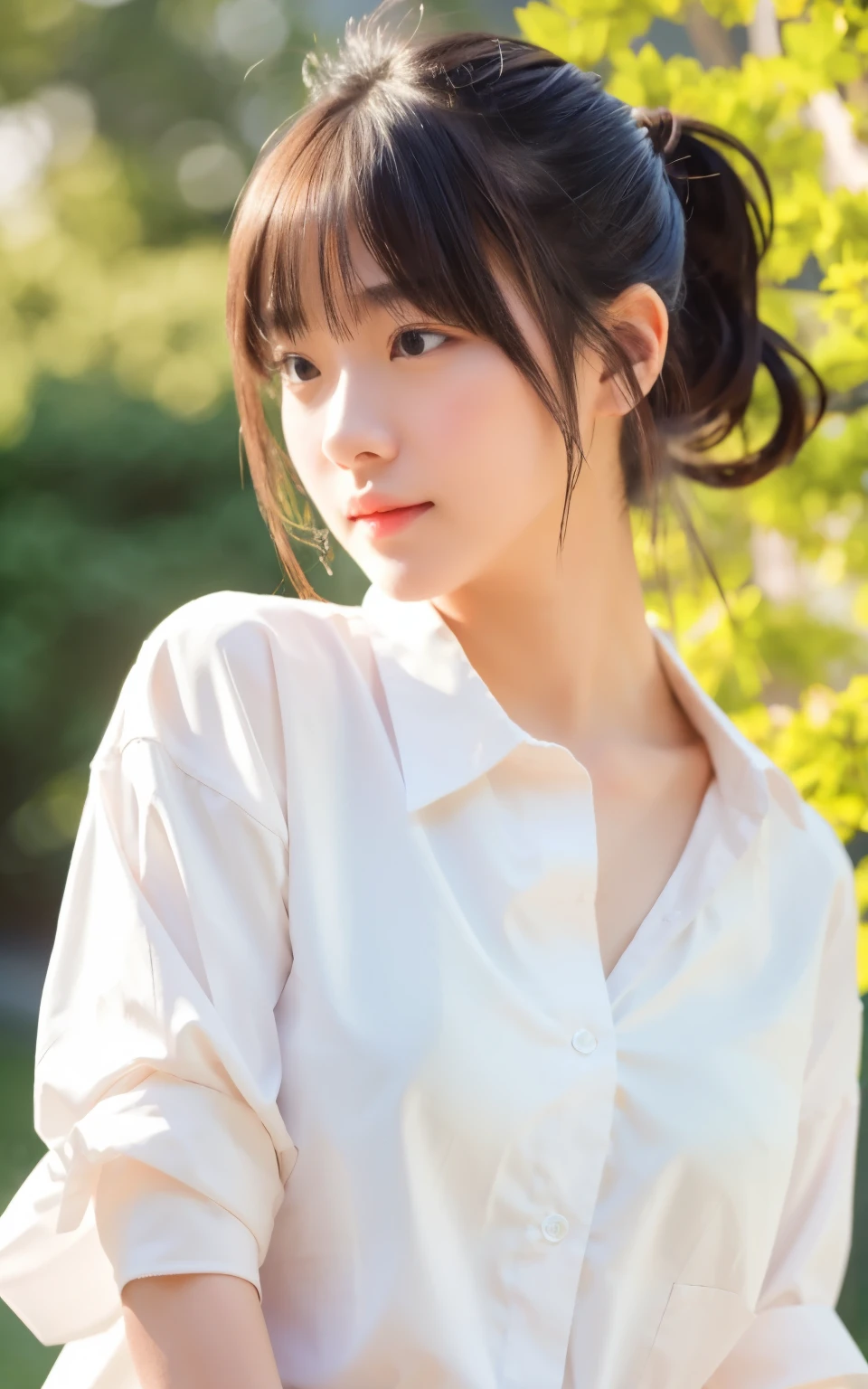 (masterpiece, Highest quality, RAW Photos, Realistic:1.2), One girl, avert your eyes, sad, beautiful girl, cute, Delicate girl, Put your hair up, Depth of written border, High resolution, 非常にdetailedな, detailed, 非常にdetailedな目と顔, Realistic students, Sharp focus, Cinema Lighting, Upper Body, bangs, Silk shirt,