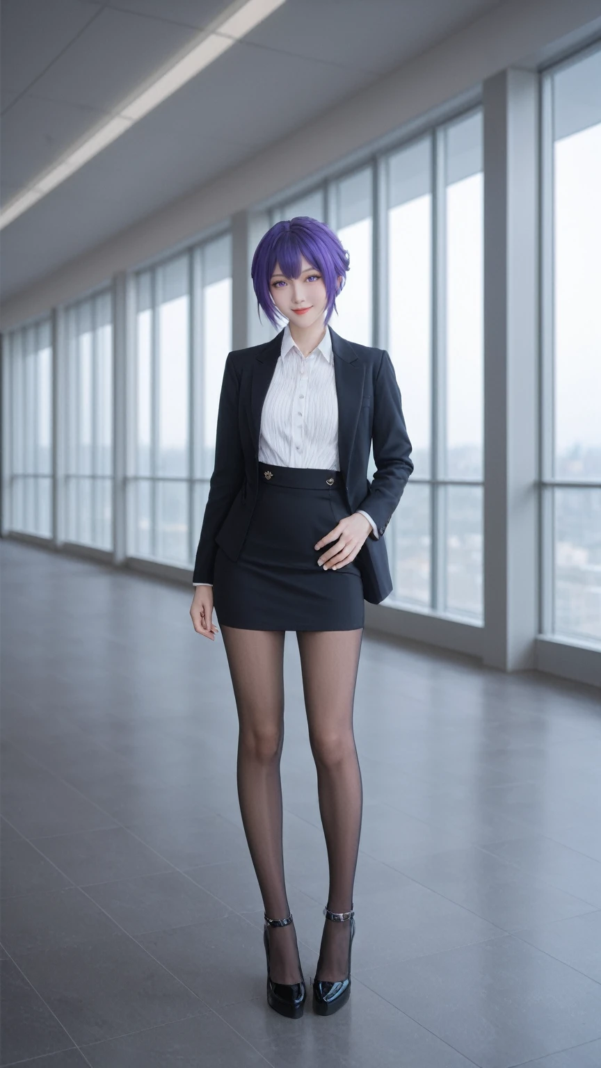 realistic,score_9, score_8_up, score_7_up, BREAK,
 In a scene inspired by "Honkai: Star Rail," a girl from the Acheron faction is depicted. She has purple hair, styled long and flowing, with one eye partially hidden behind her hair, adding a mysterious allure to her expression. Her purple eyes are a striking feature, complementing her unique hairstyle.
She is dressed in a suit jacket, thigh-high band pantyhose, and a high-waist skirt, paired with a ribbed sweater. Her attire is both professional and stylish, reflecting her character's background in the game. She stands confidently, with one hand on her hip, and her posture suggests a sense of pride and authority.
The girl is captured in a full-body portrait, looking directly at the viewer with a light smile. This pose and expression create a connection between her and the audience, inviting them into her world. The setting is an office indoors, with a depth of field that adds to the realism of the scene.
