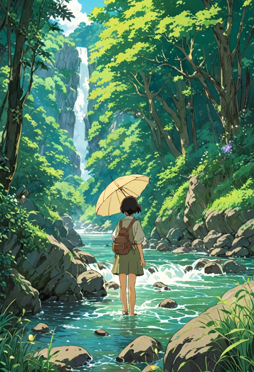 Studio Ghibli-style anime movies, Movie stills, Highest quality, masterpiece, Representative works, Official Art, Professional, Super intricate details, 8K, The murmur of a river, Girl's back view