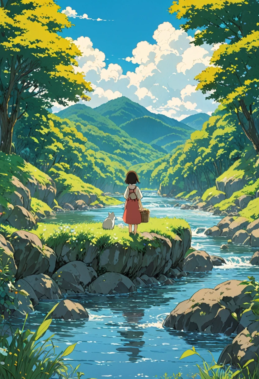 Studio Ghibli-style anime movies, Movie stills, Highest quality, masterpiece, Representative works, Official Art, Professional, Super intricate details, 8K, The murmur of a river, Girl's back view