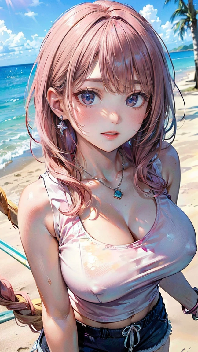 (Masterpiece, BestQuality:1.3), (ultra detailed:1.2), (hyperrealistic:1.3), (RAW photo:1.2), High detail RAW color photo, professional photograph, (Photorealistic:1.4), (realistic:1.4), (Pink Hair:1.5), professional lighting, perfect anatomy, (Big Breasts:1.2), (blush, detailed face), (A happy smile:1.7), Trending Hair&Trending Hairカラーをランダムに, earrings, necklace, bracelet, sexly, erotic sexly, Random sexy gravure poses, (Beautiful woman wearing a white tank top and shorts、In a hammock on the beach、Tempting Gaze、Let your hair down and relax、Pull up your tank top all the way、Baring her breasts。:1.3)